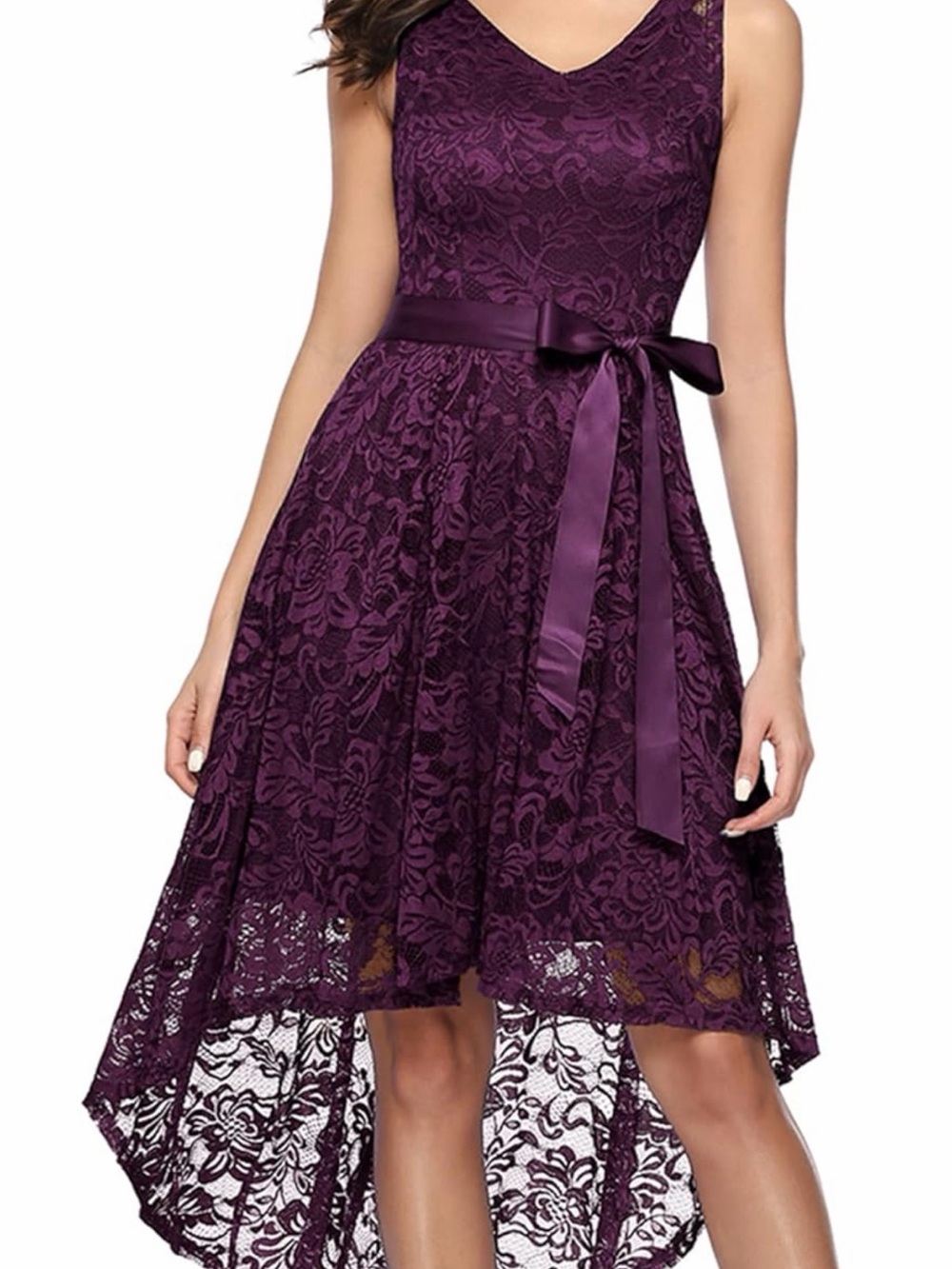 Elegant Purple Lace High-Low Dress with Satin Waist Tie